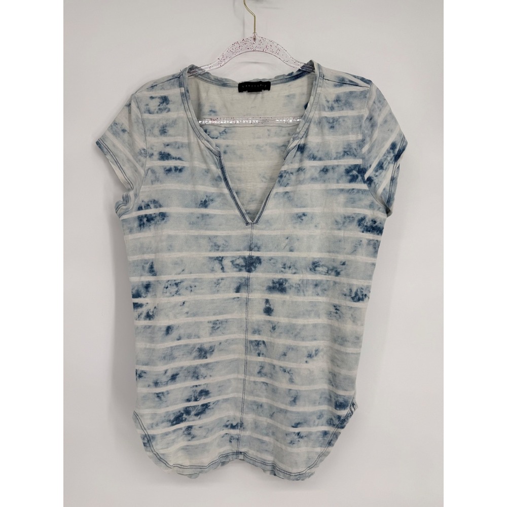 Sanctuary‎ Womens Blue White Tie Dye Striped Split V-Neck Top Sz L
